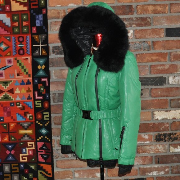 Shenowa Kelly Green Wet Look Down Puffer Belted Coat Jacket Fox Fur Hood Trim M - Picture 8 of 10